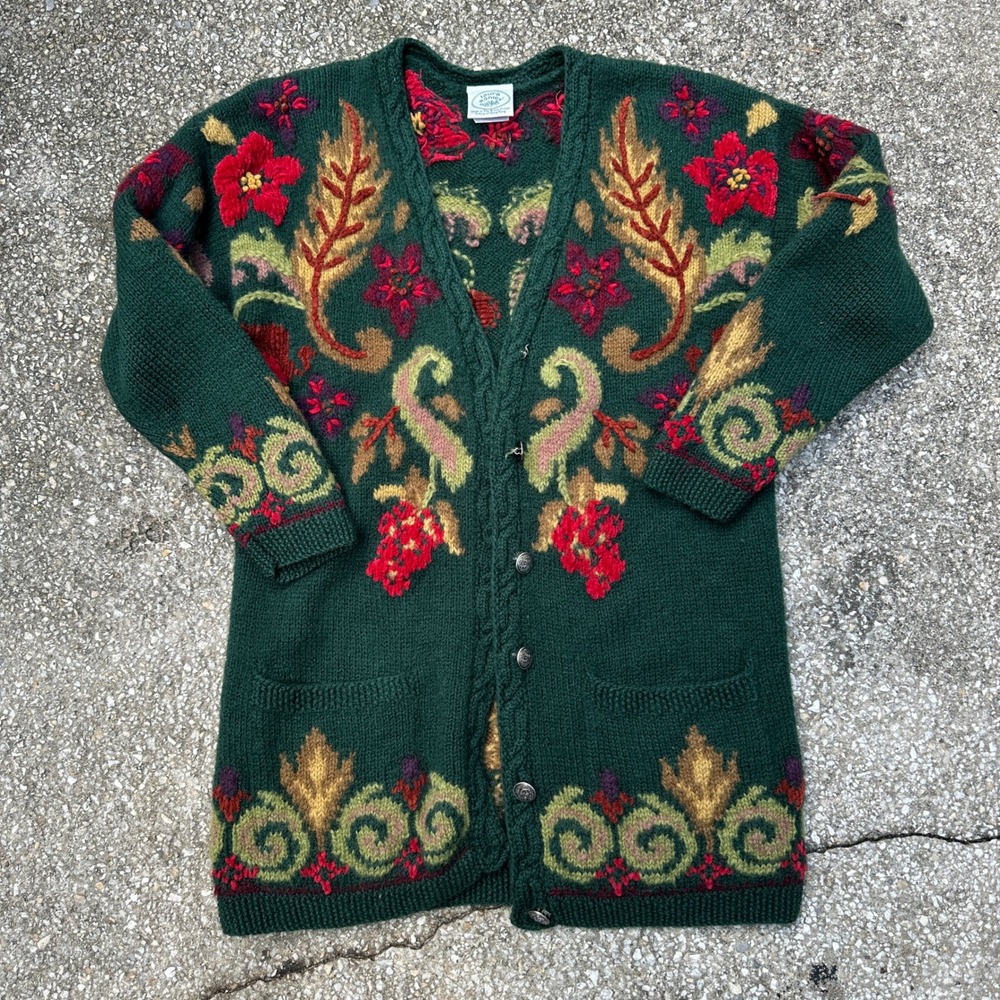 Vintage Laura Ashley Wool Floral Cardigan Sweater Green Intarsia Small Hong Kong